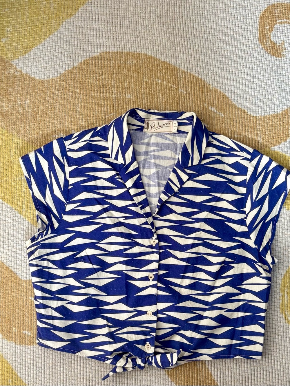 Palava Blue & White Geometric Tie-Front Crop Shirt